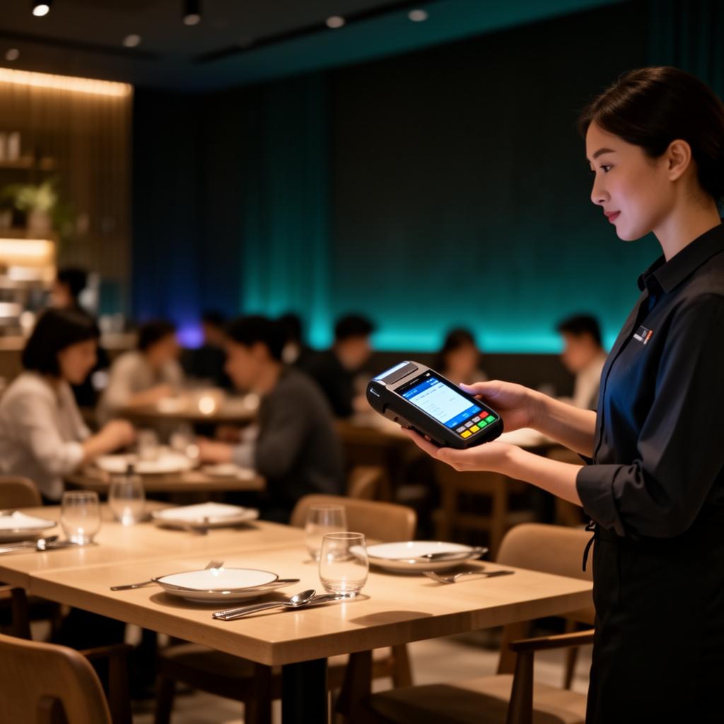 Restaurant server taking a tableside payment with a handheld terminal