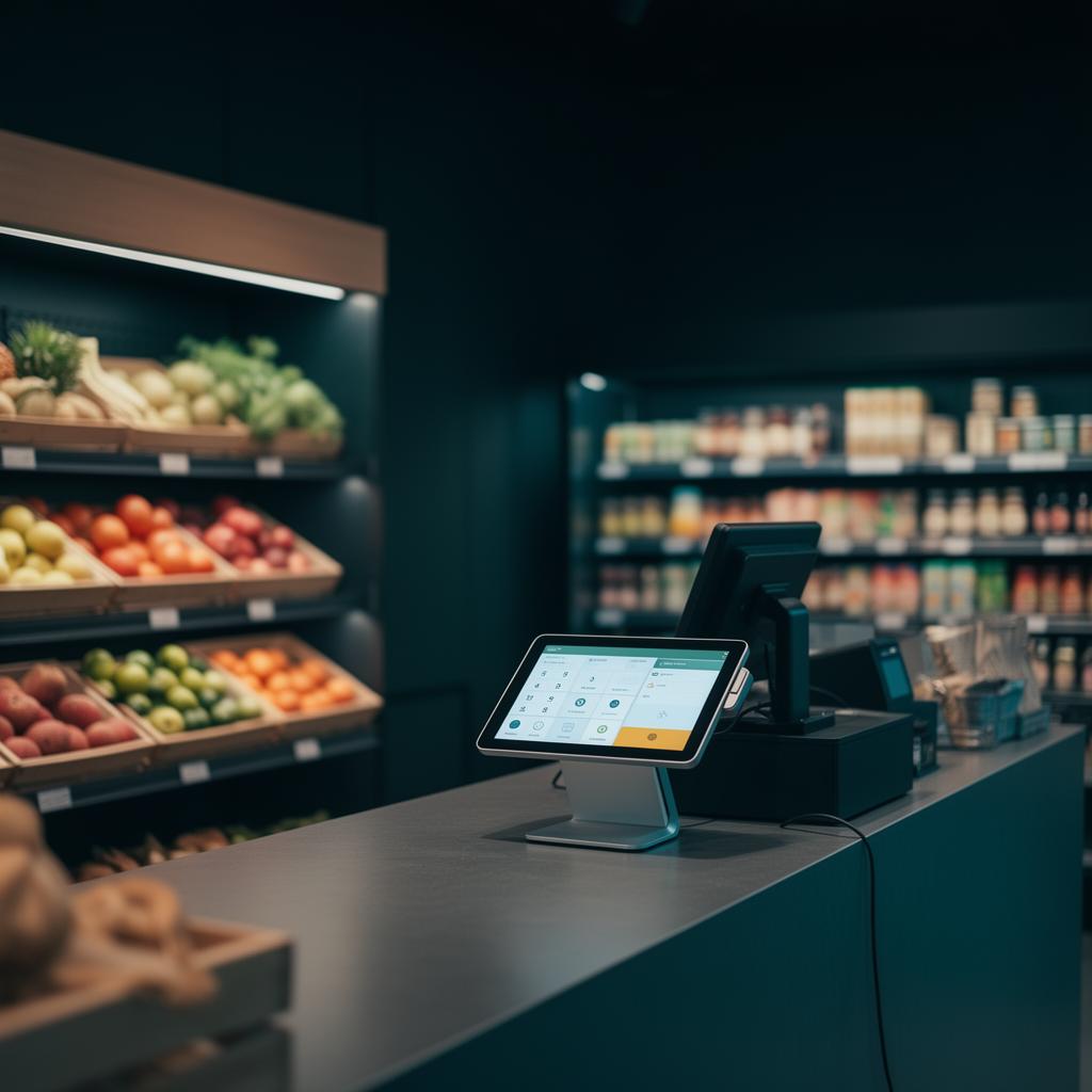 Modern grocery and retail checkout counter with a POS tablet and payment terminal